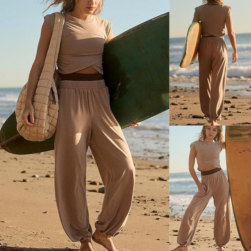 SCUSTY Women'S Two Pieces Sweatsuits Casual Cropped Tee Top Sweatpants Athletic Tracksuits