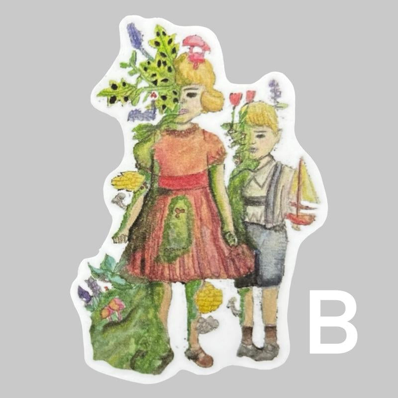 Vinyl Sticker Decorative for Kindle or Bottle (8 Options) Original Art (Plant Woman, Plant Children, Mermaid, Cat Dist System, Lamprey Clown, Reading Ghost, Banana for Scale)