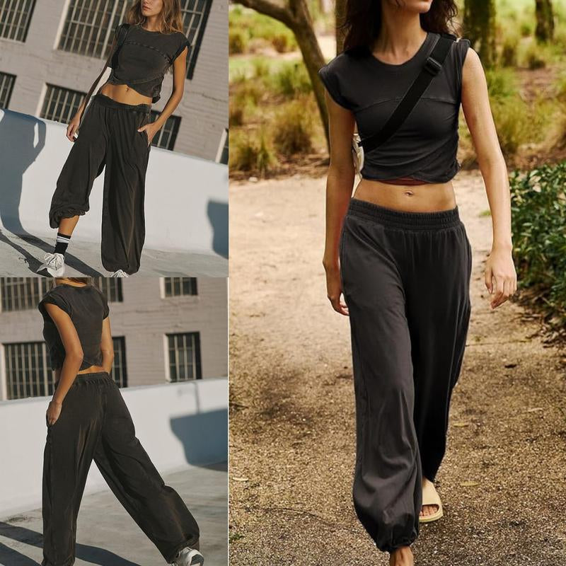 SCUSTY Women'S Two Pieces Sweatsuits Casual Cropped Tee Top Sweatpants Athletic Tracksuits