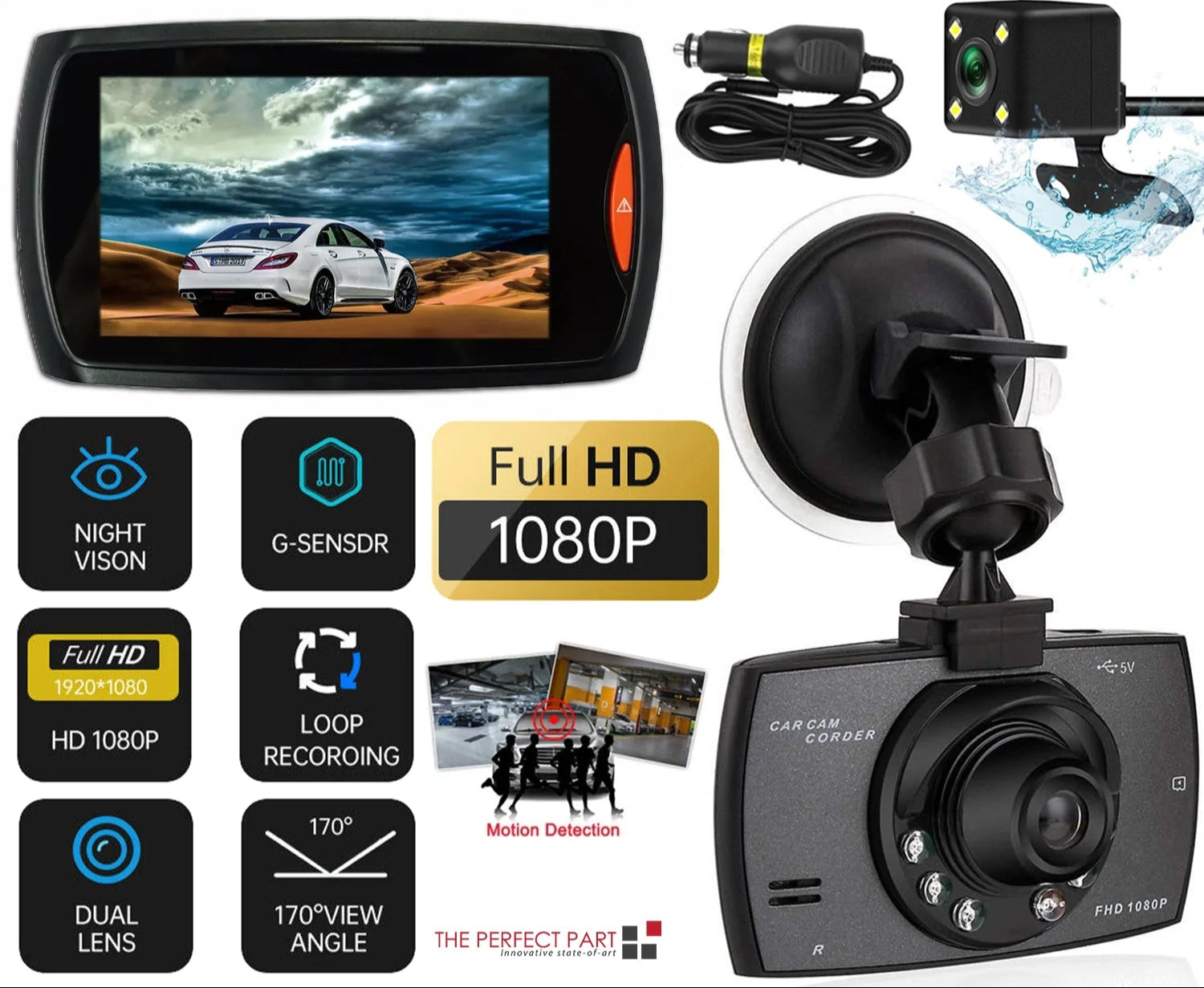 2.7'' Full HD 1080P Dash Cam Car DVR Front & Rear Camera Night Vision G-Sensor