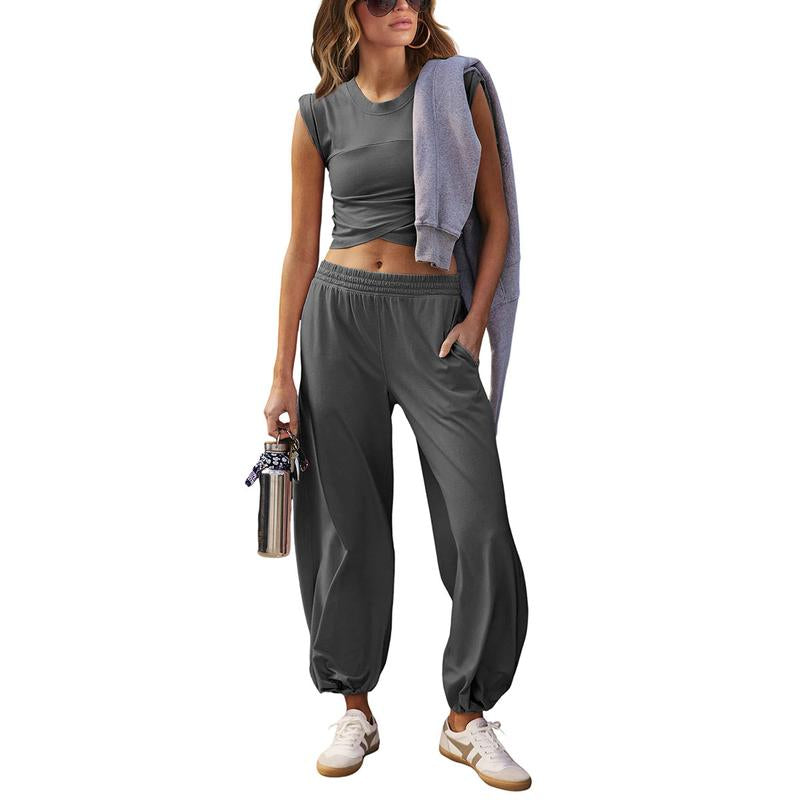 SCUSTY Women'S Two Pieces Sweatsuits Casual Cropped Tee Top Sweatpants Athletic Tracksuits