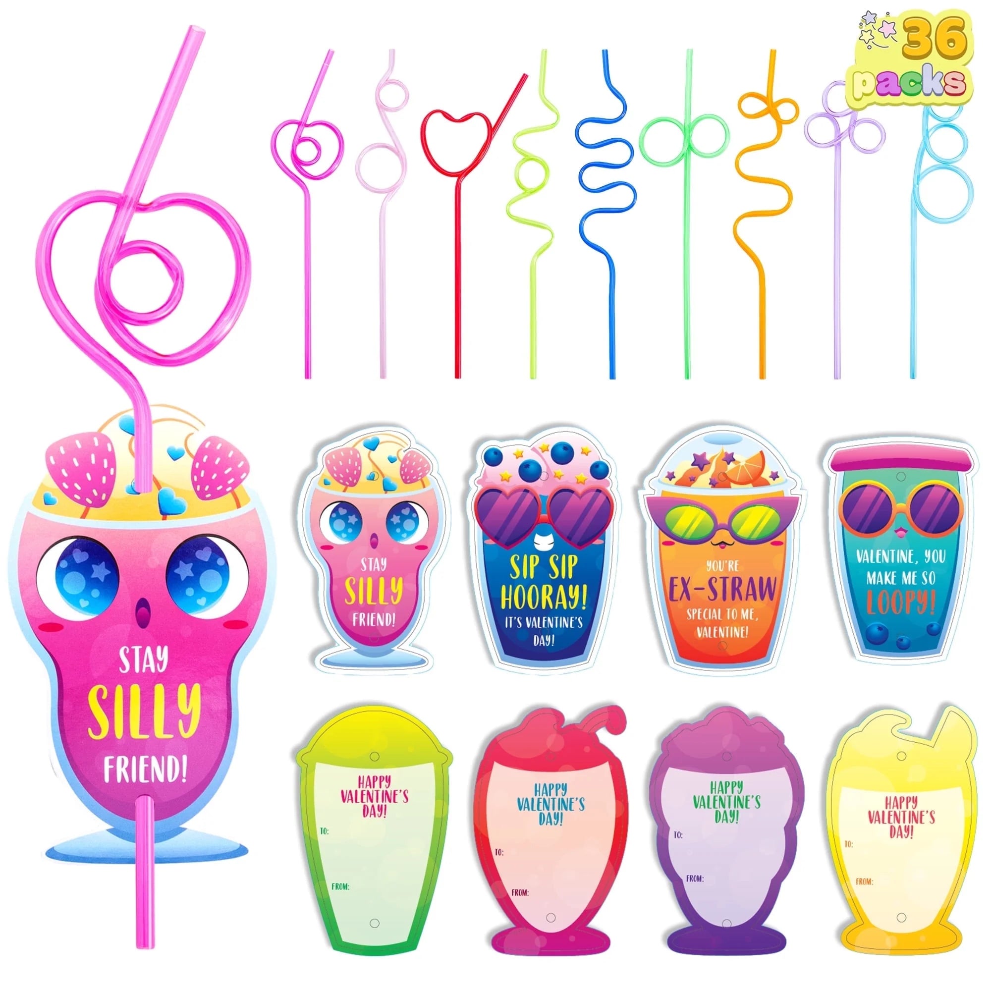 36 Pack Valentines Day Cards with Reusable Drinking Straws for Valentine Party Favors Kids Valentine School Classroom Exchange Gift Cards