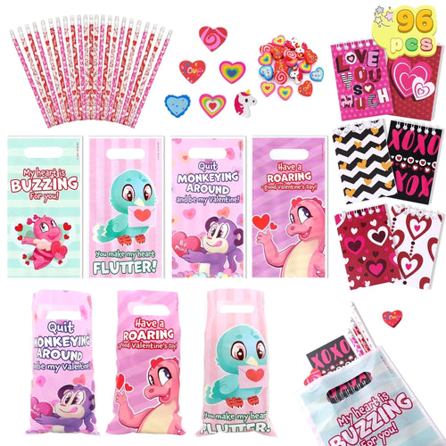 96 Pcs Valentines Gift Sets for Kids,Valentines Goodie Bag Stuffers,Assorted Stationery Set with Valentines Bags for Kids Classroom Exchange, Valentines Party Favors Treats
