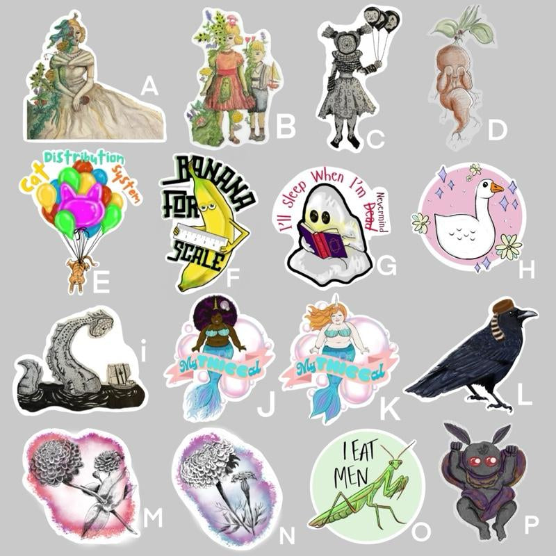 Vinyl Sticker Decorative for Kindle or Bottle (8 Options) Original Art (Plant Woman, Plant Children, Mermaid, Cat Dist System, Lamprey Clown, Reading Ghost, Banana for Scale)