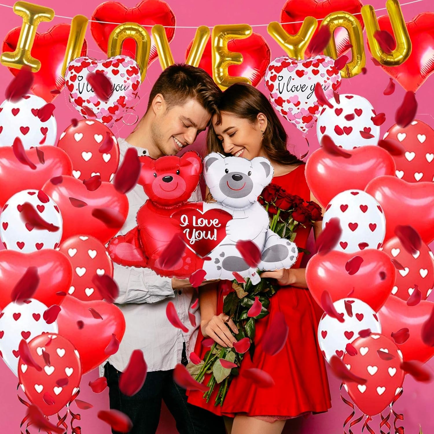 I Love You Balloons with Couple Teddy Balloon Kit,  Heart Balloons Kit with 1000 Red Rose Petals Wedding Flower Decoration, Valentine Decorations Party Supplies Kit