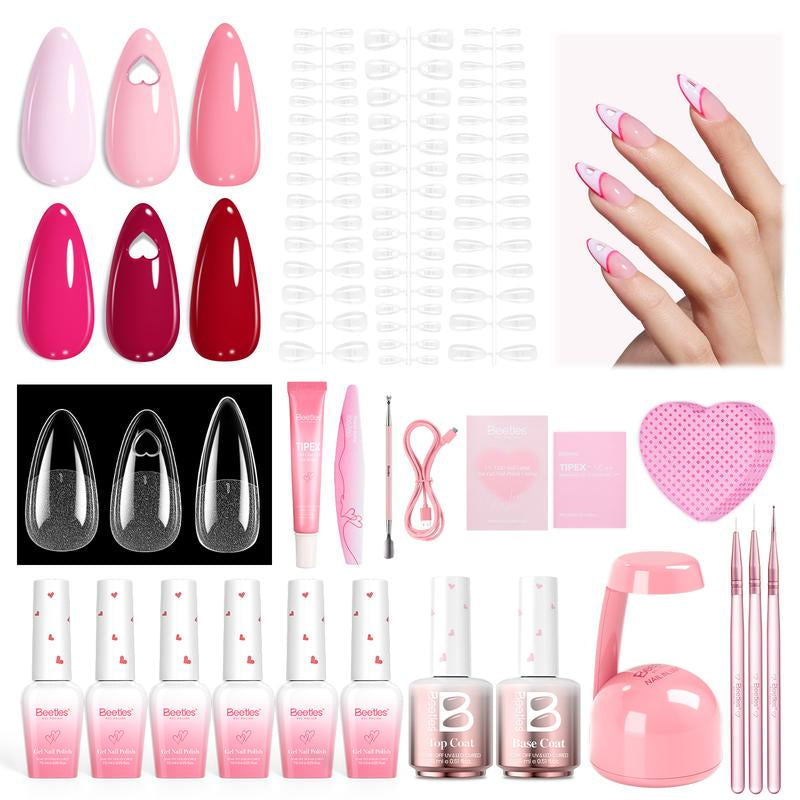 Beetles Tipex Nail Kit with Gel Polish, 192Pcs Tipex Nail Tips with 6 Colors Gel Polish Solid Nail Glue Base & Top Coat, Mini UV Lamp DIY Manicure Cutics Gift for Women Girls