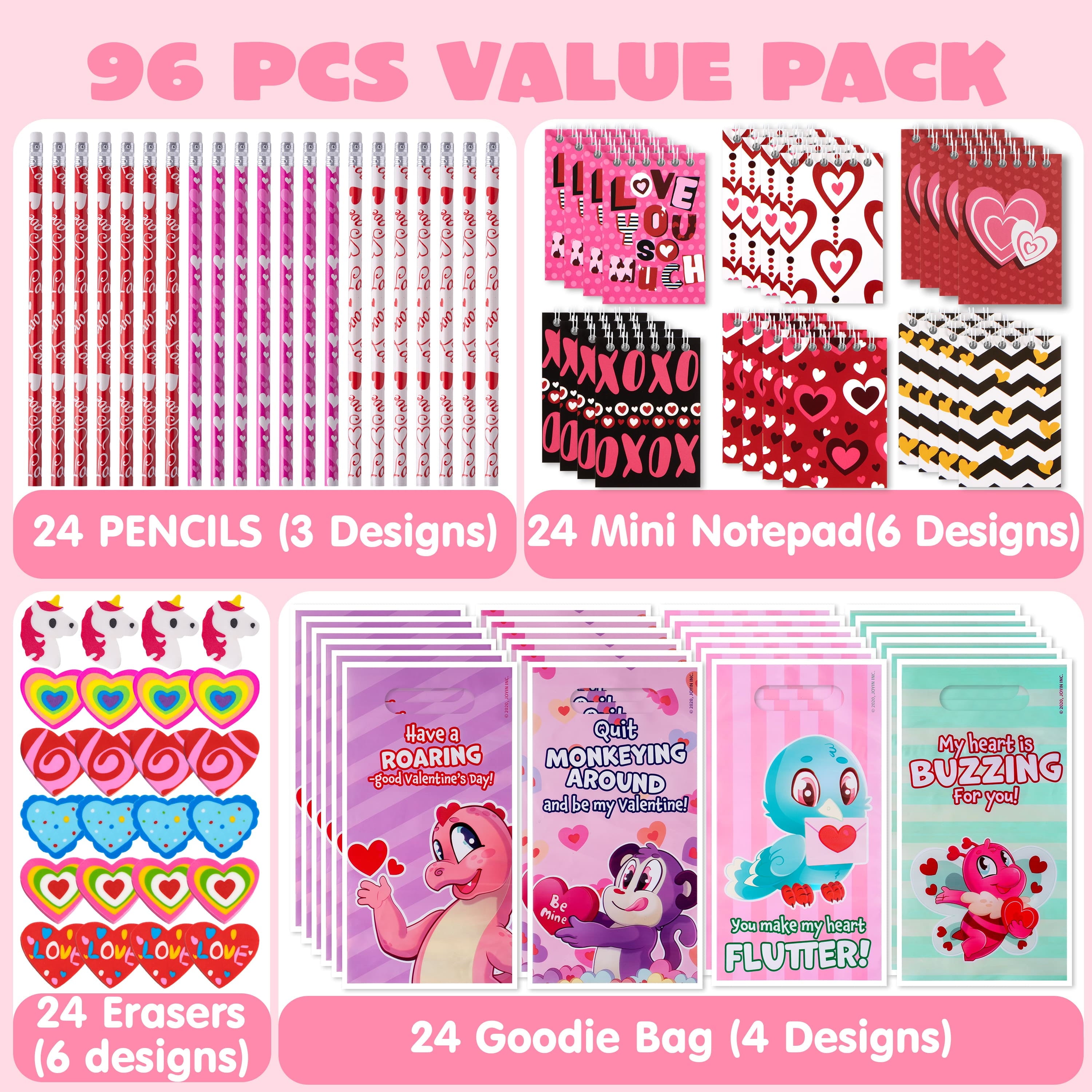 96 Pcs Valentines Gift Sets for Kids,Valentines Goodie Bag Stuffers,Assorted Stationery Set with Valentines Bags for Kids Classroom Exchange, Valentines Party Favors Treats