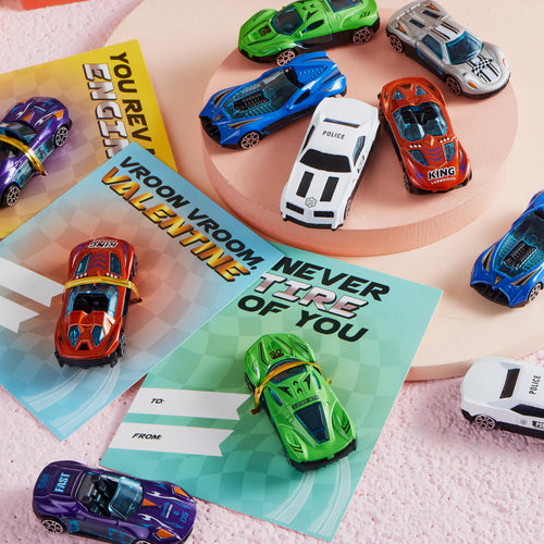 28 Packs Valentines Day Cards with Die-Cast Racing Cars Vehicle for Kids Boys, Valentines School Class Gifts, Valentine Exchange Cards Party Favors for Boys Girls