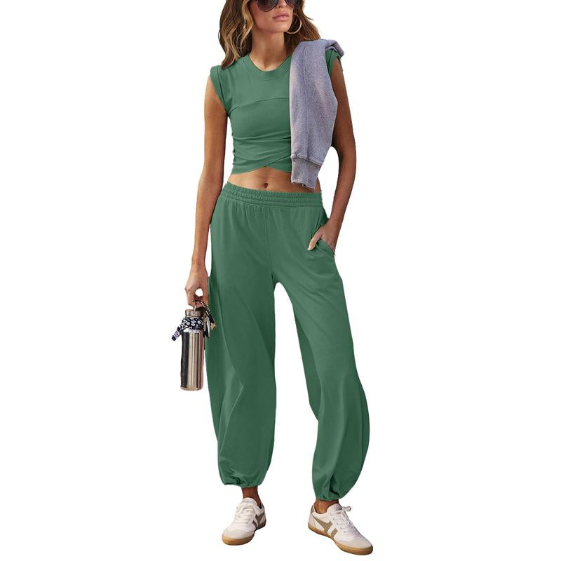 SCUSTY Women'S Two Pieces Sweatsuits Casual Cropped Tee Top Sweatpants Athletic Tracksuits