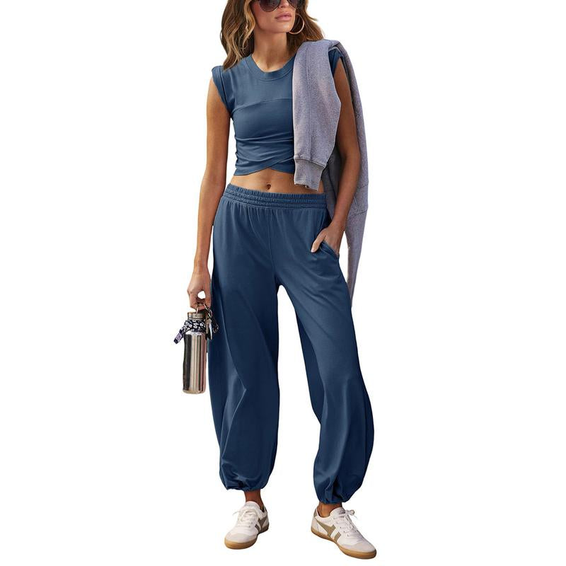SCUSTY Women'S Two Pieces Sweatsuits Casual Cropped Tee Top Sweatpants Athletic Tracksuits