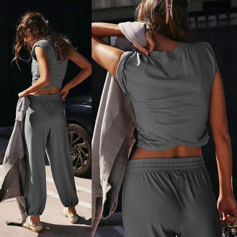 SCUSTY Women'S Two Pieces Sweatsuits Casual Cropped Tee Top Sweatpants Athletic Tracksuits