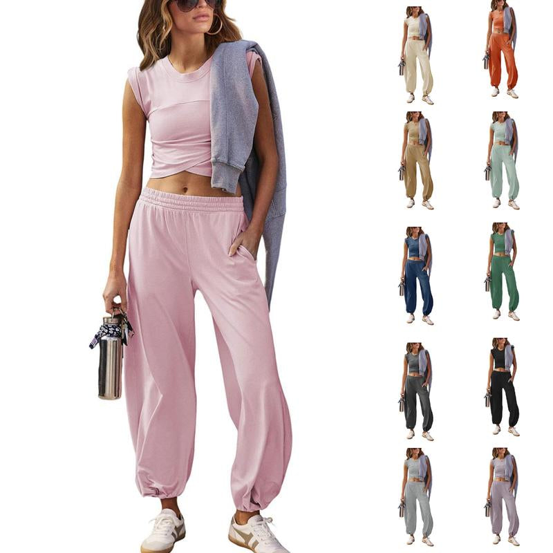 SCUSTY Women'S Two Pieces Sweatsuits Casual Cropped Tee Top Sweatpants Athletic Tracksuits