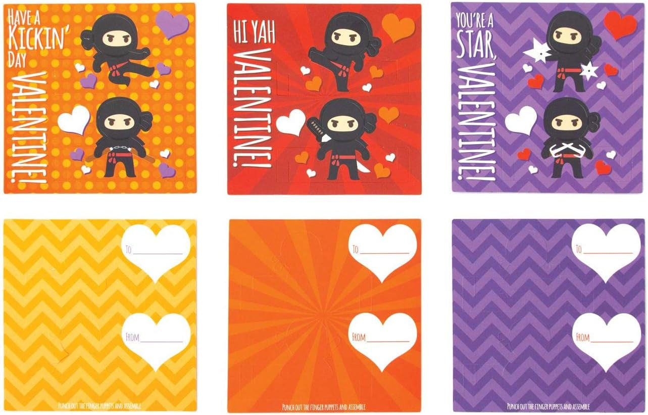 Super Ninja Finger Puppets 28 Card Valentine Exchange Box for Kids