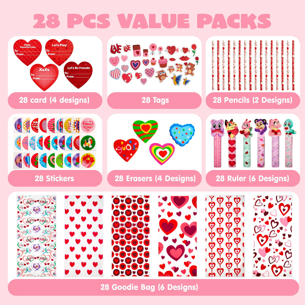 196 PCS Valentines Gifts for Kids,Valentines Goodie Bag Stuffers, Valentines Cards for Kids Classroom Exchange, Assorted Stationery Set for School Prizes Party Favors Treats