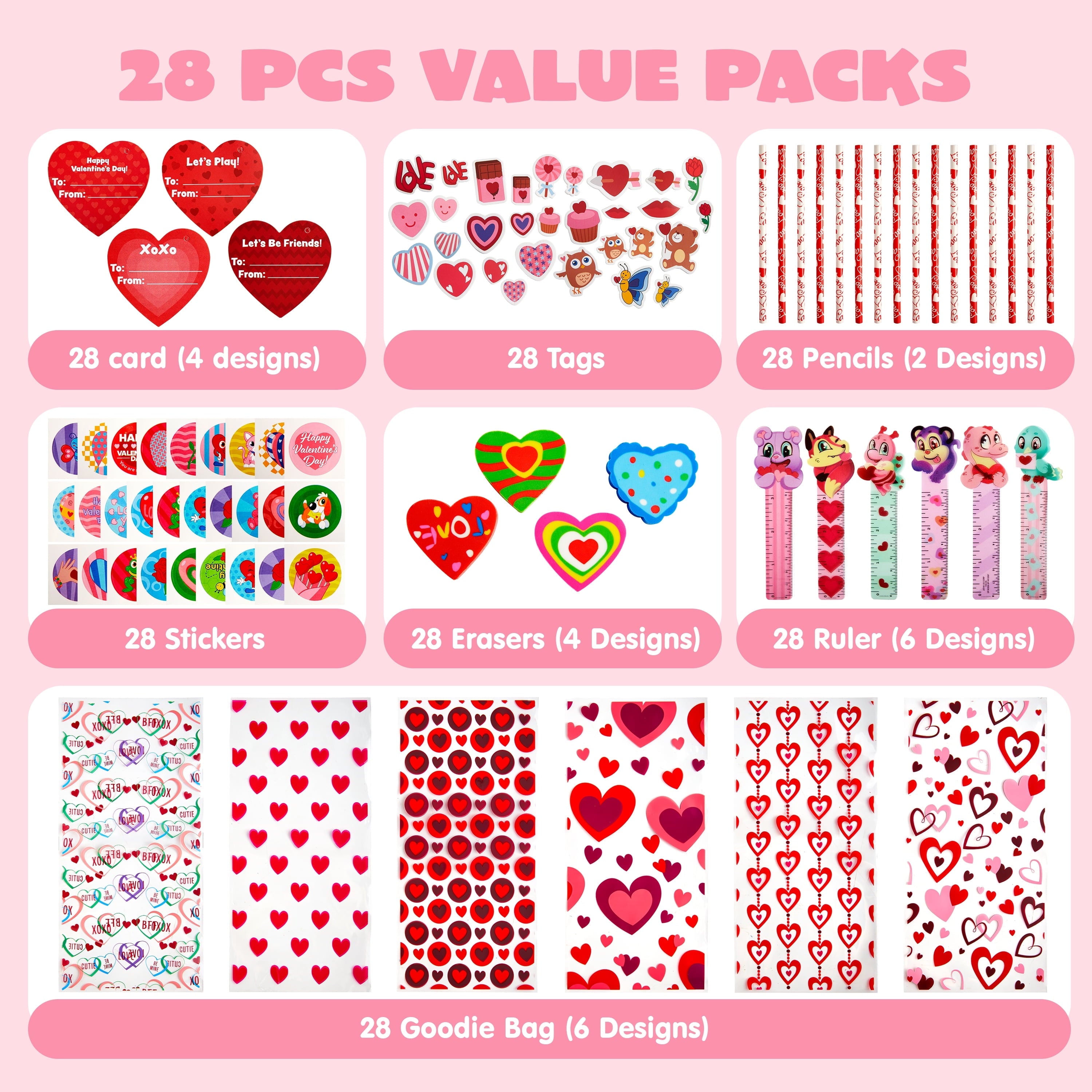 196 PCS Valentines Gifts for Kids,Valentines Goodie Bag Stuffers, Valentines Cards for Kids Classroom Exchange, Assorted Stationery Set for School Prizes Party Favors Treats