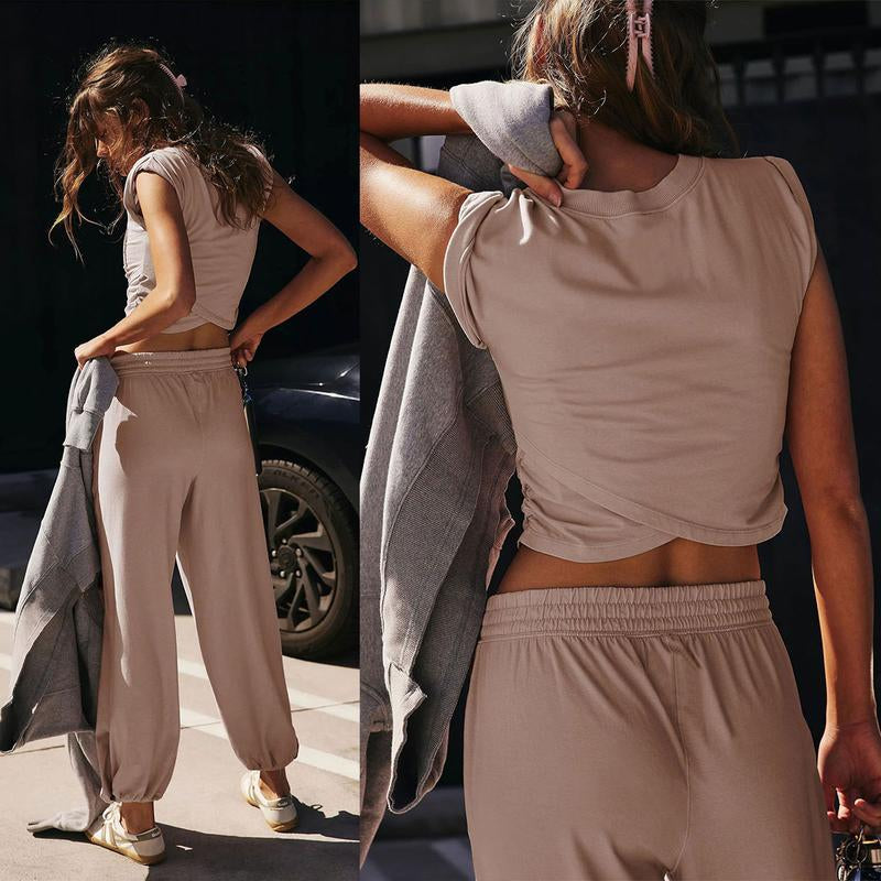 SCUSTY Women'S Two Pieces Sweatsuits Casual Cropped Tee Top Sweatpants Athletic Tracksuits