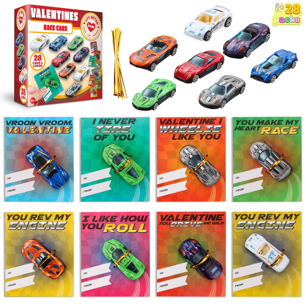 28 Packs Valentines Day Cards with Die-Cast Racing Cars Vehicle for Kids Boys, Valentines School Class Gifts, Valentine Exchange Cards Party Favors for Boys Girls