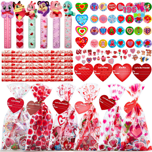196 PCS Valentines Gifts for Kids,Valentines Goodie Bag Stuffers, Valentines Cards for Kids Classroom Exchange, Assorted Stationery Set for School Prizes Party Favors Treats