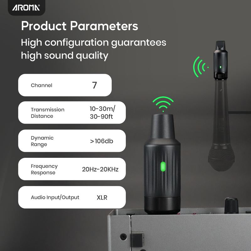 Aroma Wireless XLR Microphone Audio Transmitter Receiver Rechargeable UHF Wireless Microphone System Stable Transmission for Dynamic Mics PA Mixer