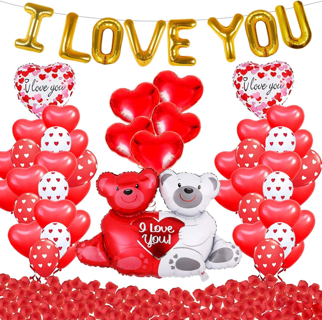 I Love You Balloons with Couple Teddy Balloon Kit,  Heart Balloons Kit with 1000 Red Rose Petals Wedding Flower Decoration, Valentine Decorations Party Supplies Kit