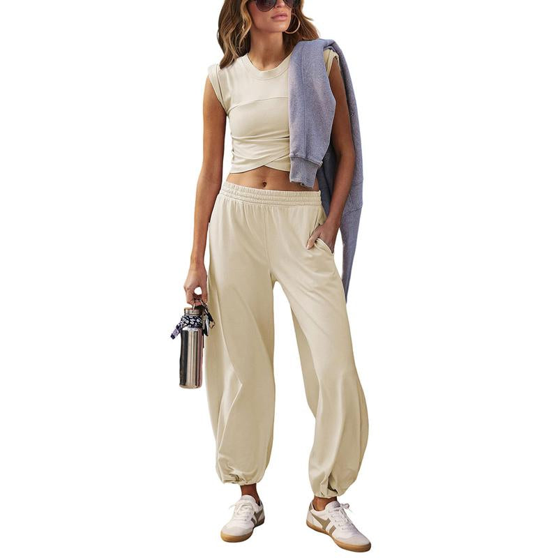 SCUSTY Women'S Two Pieces Sweatsuits Casual Cropped Tee Top Sweatpants Athletic Tracksuits