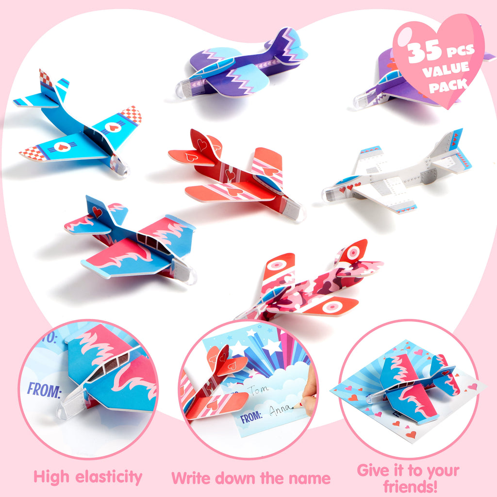 35 Packs Valentines Day Gifts Cards with Foam Airplane for Kids Valentine Exchange Cards Toddle Boys Valentines School Classroom Favors