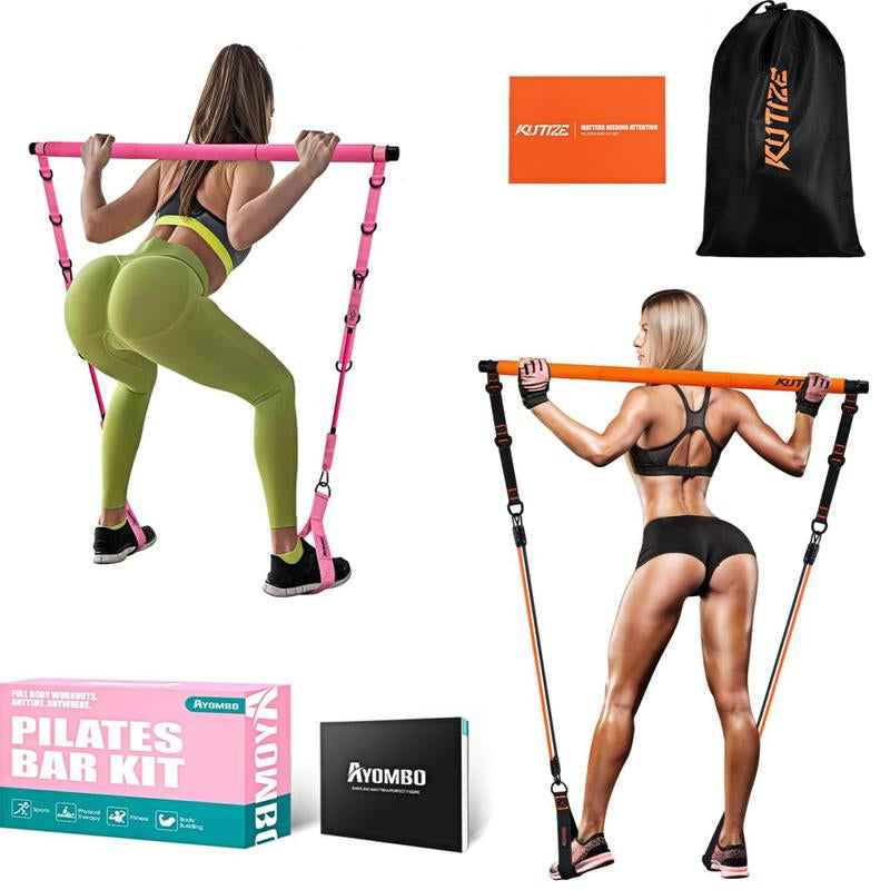 Pilates Bar Kit with Resistance Bands, Pilates Workout Equipment for Legs, Hip, Waist, Arm, Squats Exercise Equipment for Home Workouts, Adjustable 3-Section Pilates Bar Kit for Women & Men,Best Christmas Gifts for Dads/Moms/Boys/Girls