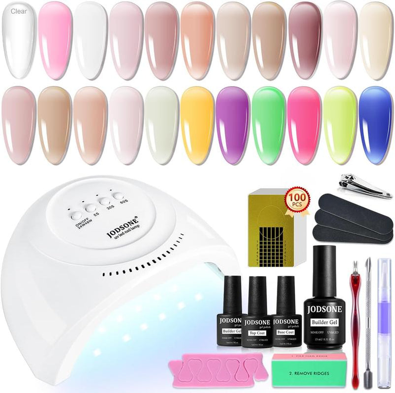 JODSONE Builder Gel Nail Kit with U V Light Base Top Coat 20 Colors High Shine Builder Gel and 100 PCS Extension Stickers