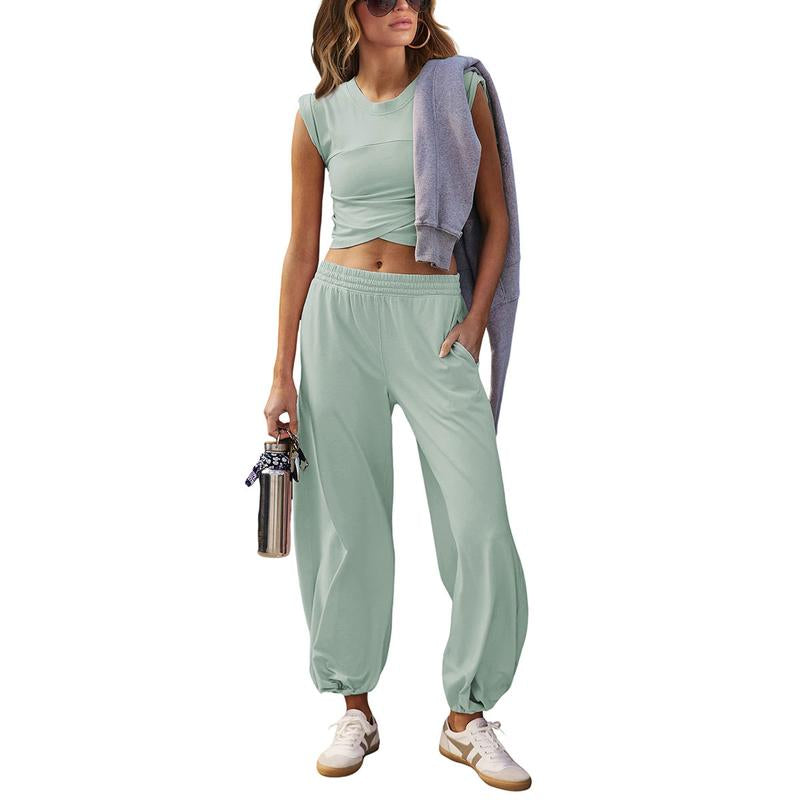 SCUSTY Women'S Two Pieces Sweatsuits Casual Cropped Tee Top Sweatpants Athletic Tracksuits