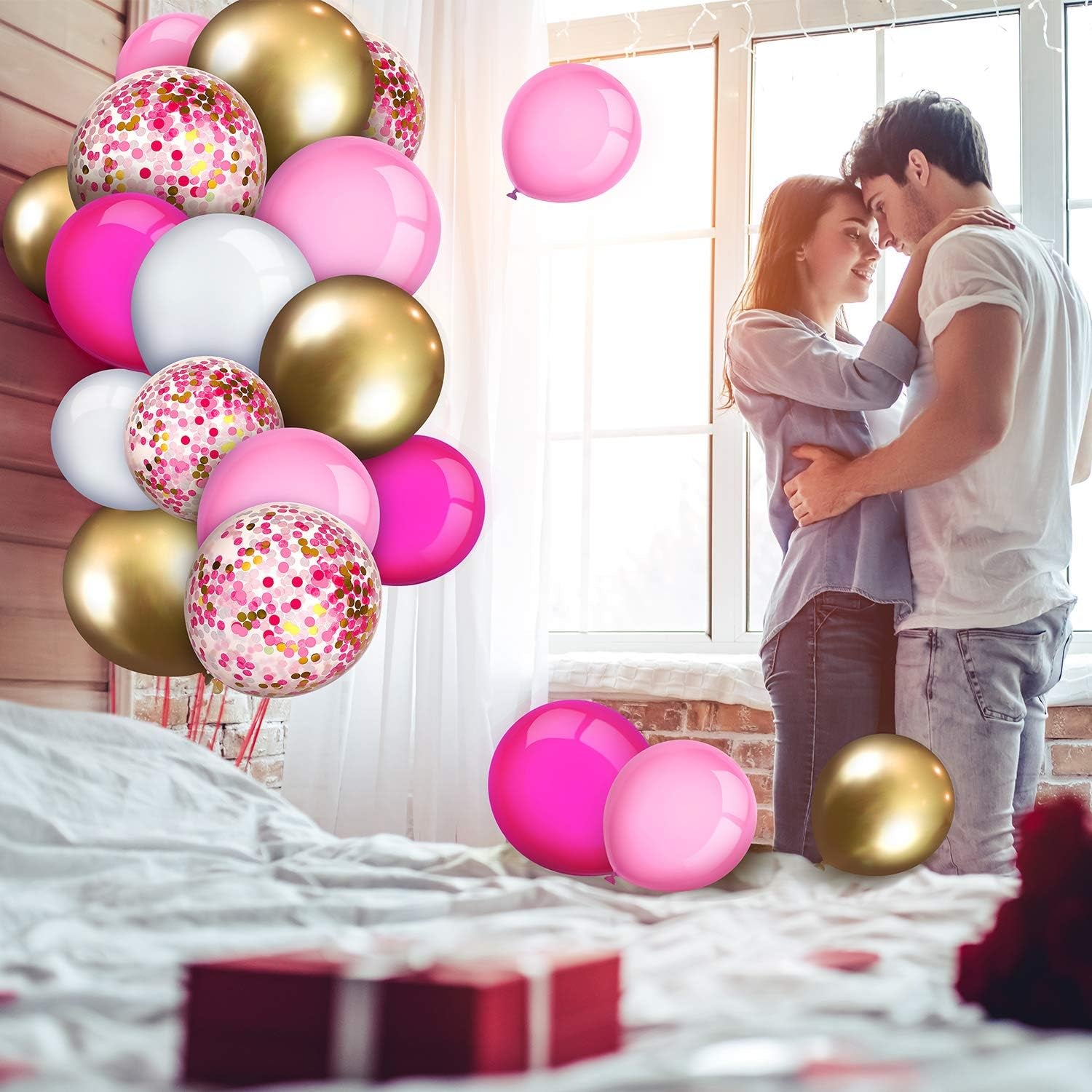 129 Pcs Christmas Balloon Arch Garland Kit with Red Green Confetti Balloons for Christmas Winter Wedding Engagement Anniversary Xmas Party Decorations(Pink, White, Rose Red, Metallic Gold)