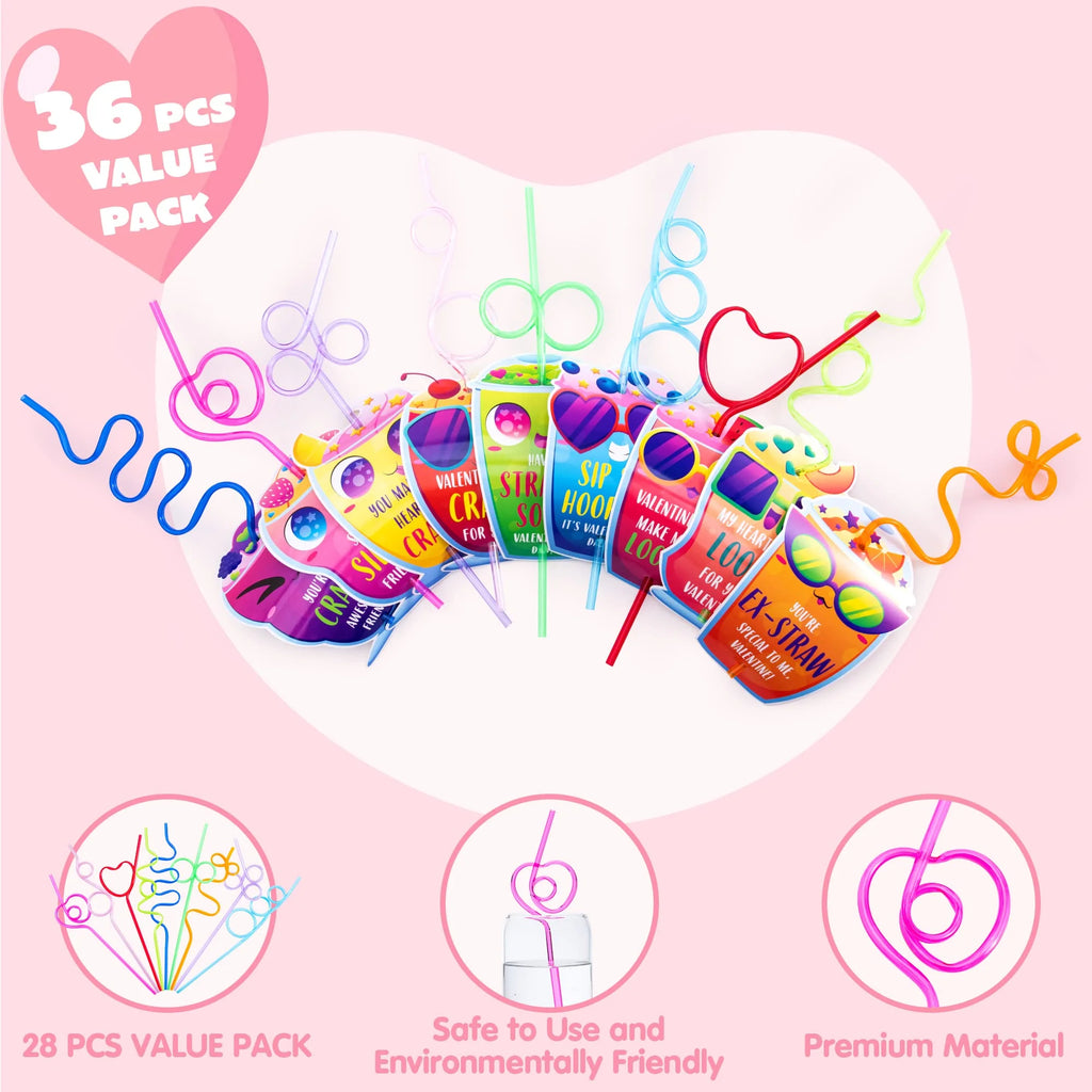 36 Pack Valentines Day Cards with Reusable Drinking Straws for Valentine Party Favors Kids Valentine School Classroom Exchange Gift Cards