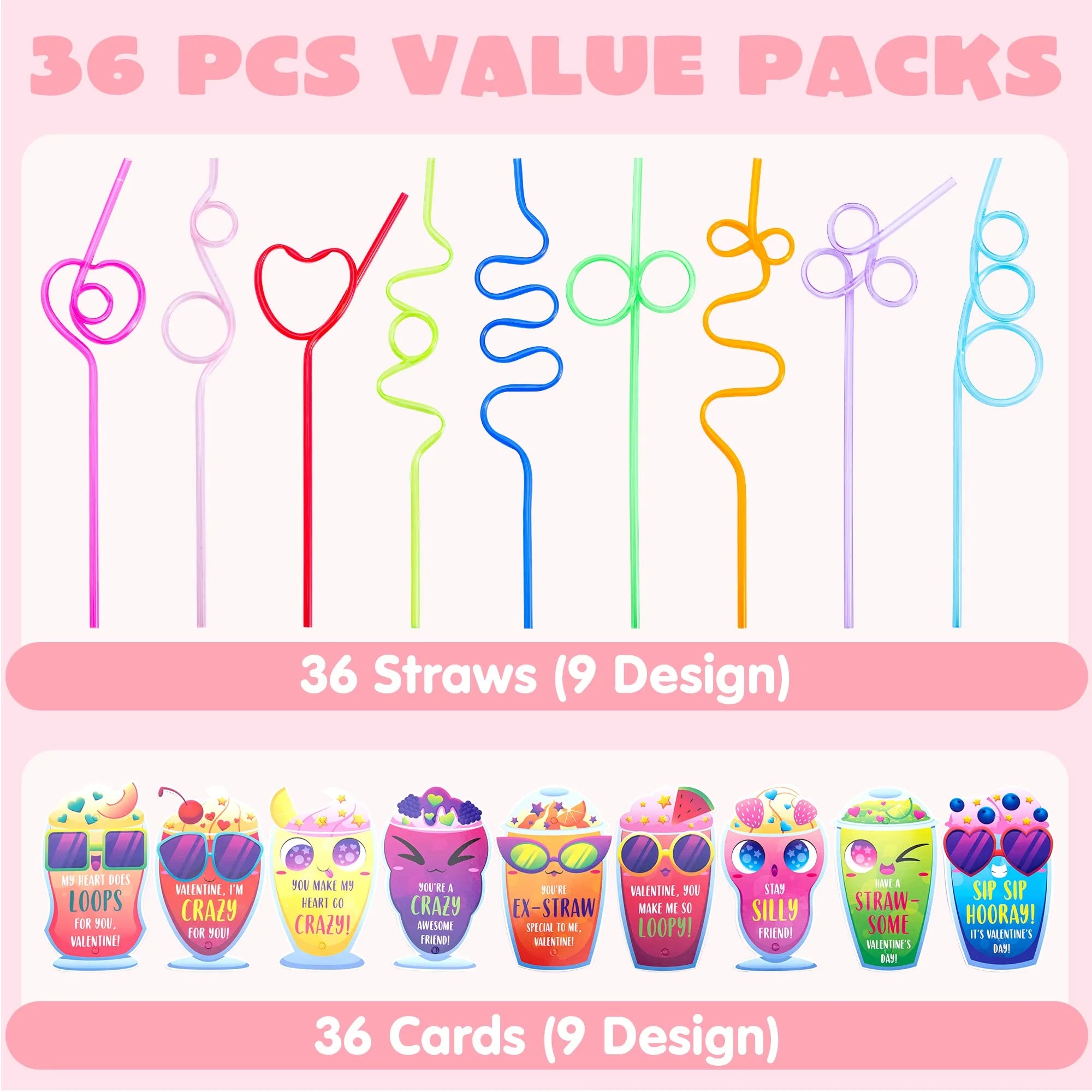 36 Pack Valentines Day Cards with Reusable Drinking Straws for Valentine Party Favors Kids Valentine School Classroom Exchange Gift Cards