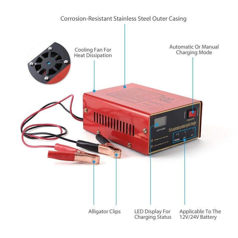 High-Performance 12V/24V 10A Maintenance-Free Battery Charger for Electric Cars - 140W Output