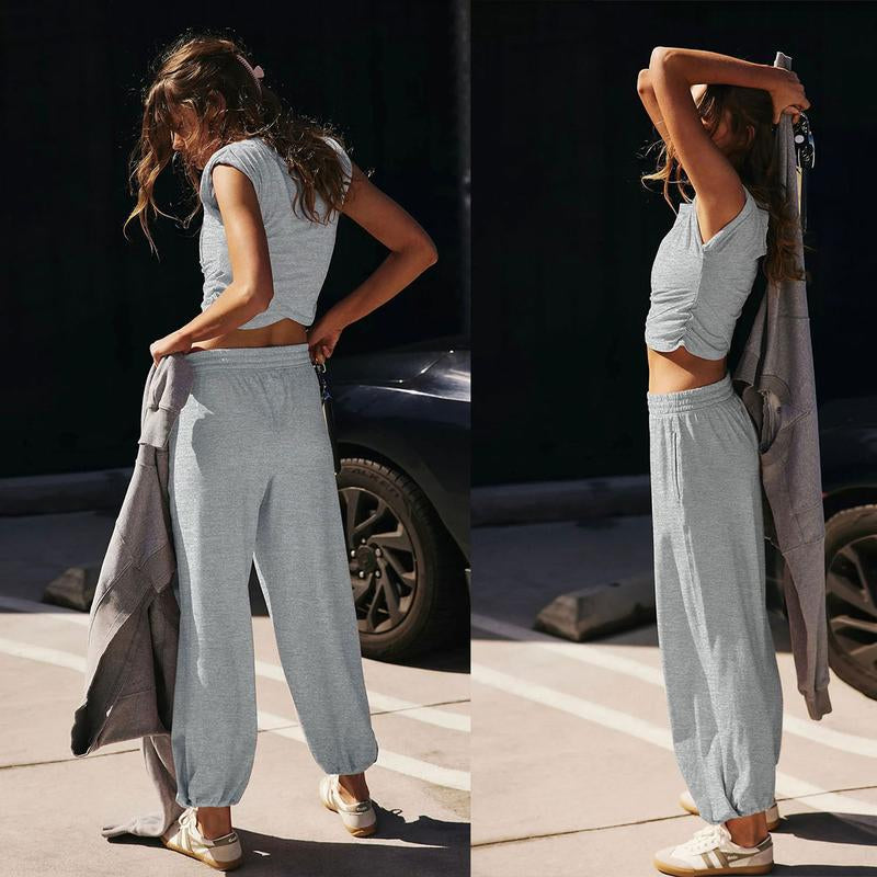 SCUSTY Women'S Two Pieces Sweatsuits Casual Cropped Tee Top Sweatpants Athletic Tracksuits