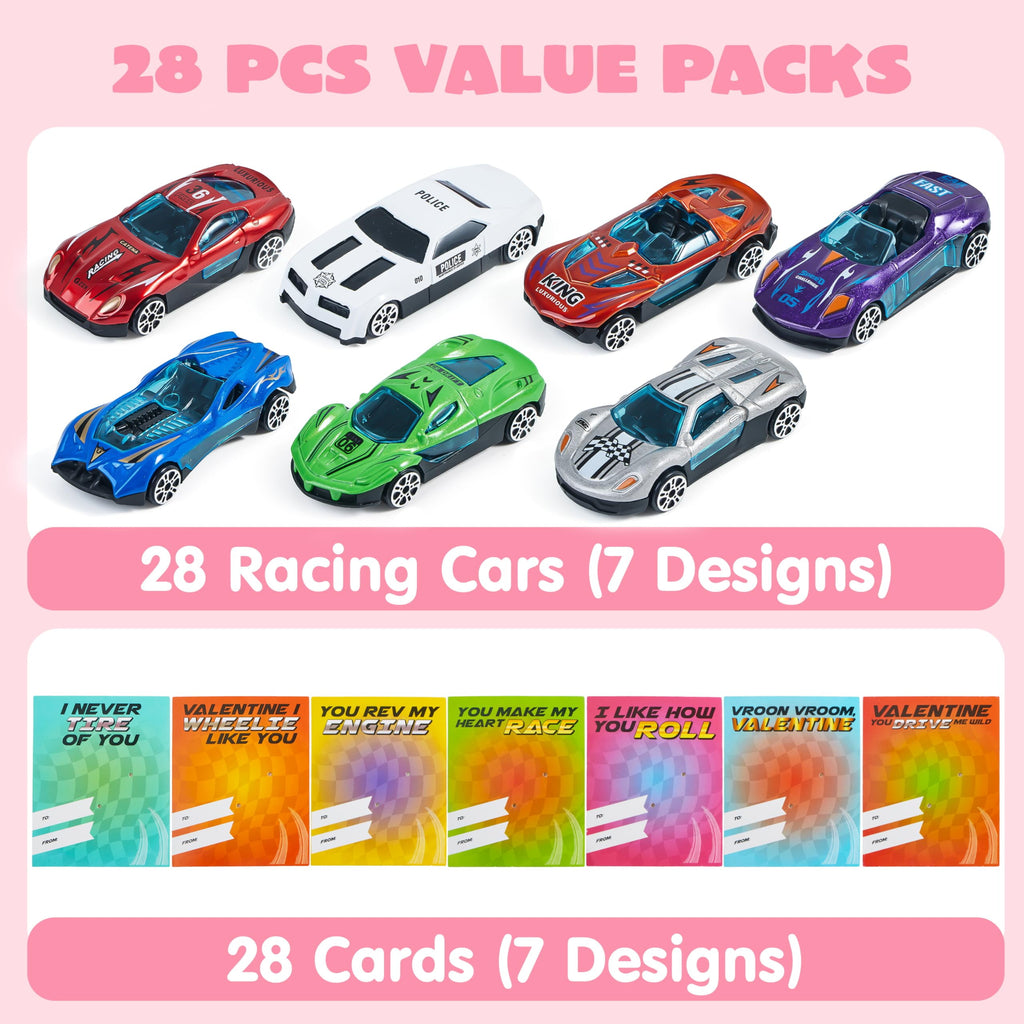28 Packs Valentines Day Cards with Die-Cast Racing Cars Vehicle for Kids Boys, Valentines School Class Gifts, Valentine Exchange Cards Party Favors for Boys Girls