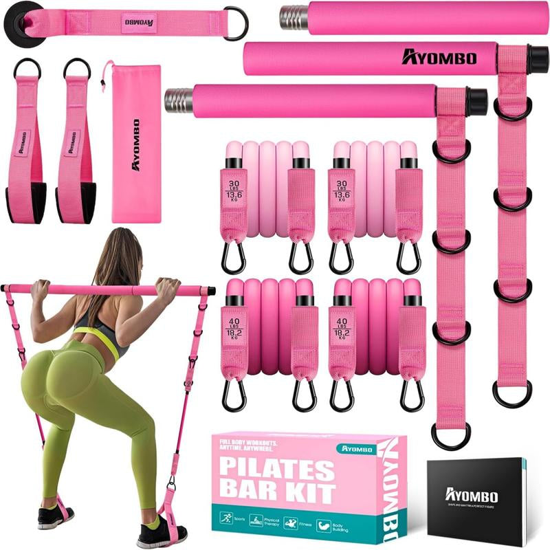 Pilates Bar Kit with Resistance Bands, Pilates Workout Equipment for Legs, Hip, Waist, Arm, Squats Exercise Equipment for Home Workouts, Adjustable 3-Section Pilates Bar Kit for Women & Men,Best Christmas Gifts for Dads/Moms/Boys/Girls