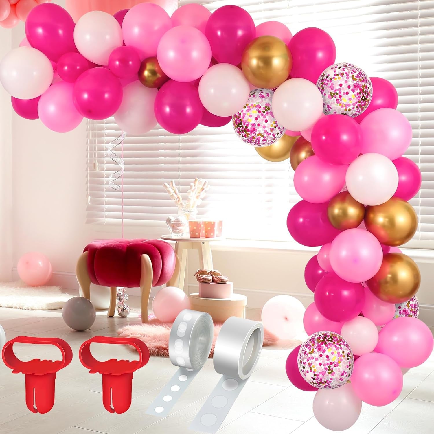 129 Pcs Christmas Balloon Arch Garland Kit with Red Green Confetti Balloons for Christmas Winter Wedding Engagement Anniversary Xmas Party Decorations(Pink, White, Rose Red, Metallic Gold)