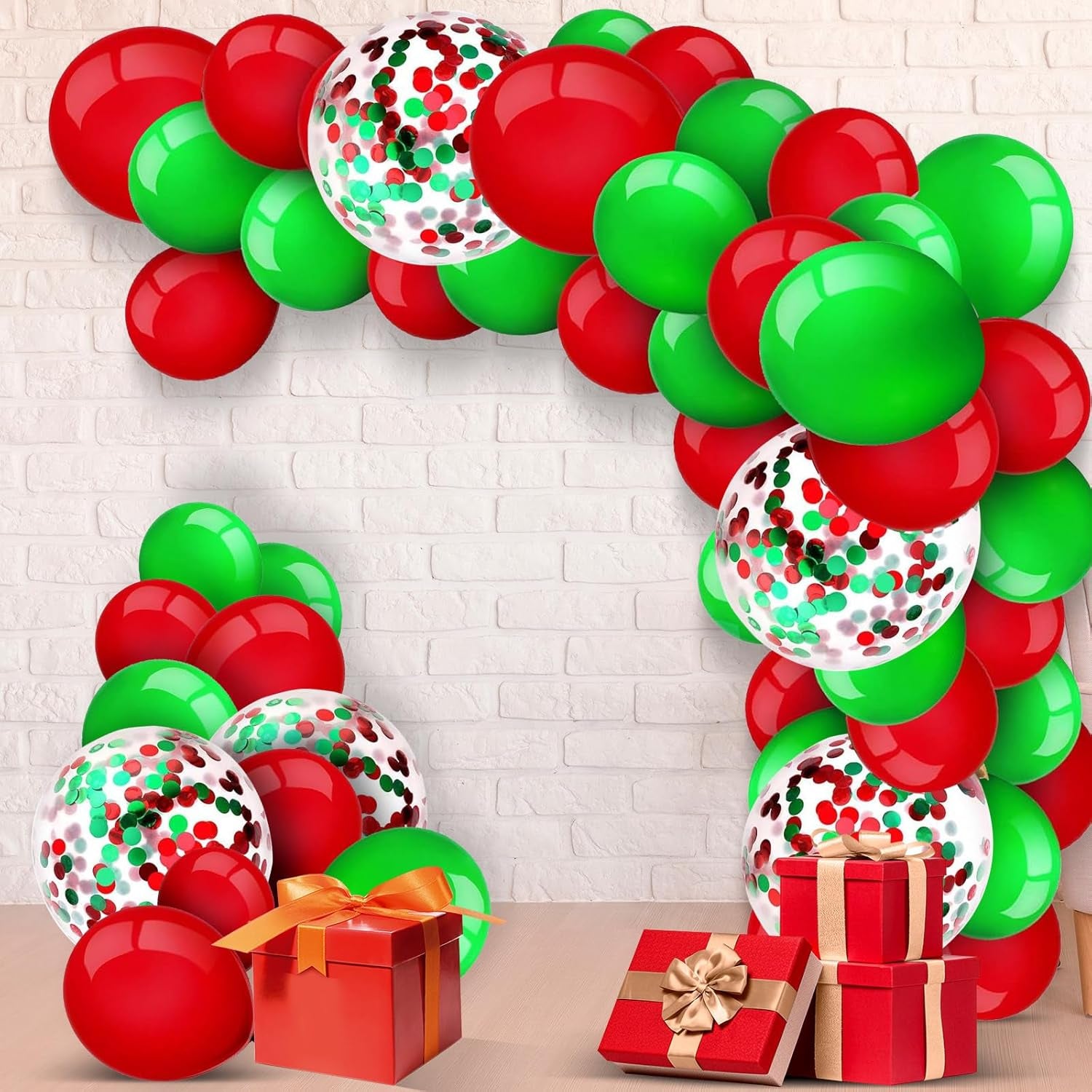 129 Pcs Christmas Balloon Arch Garland Kit with Red Green Confetti Balloons for Christmas Winter Wedding Engagement Anniversary Xmas Party Decorations(Pink, White, Rose Red, Metallic Gold)