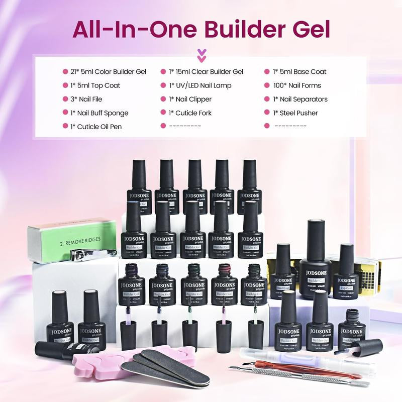 JODSONE Builder Gel Nail Kit with U V Light Base Top Coat 20 Colors High Shine Builder Gel and 100 PCS Extension Stickers