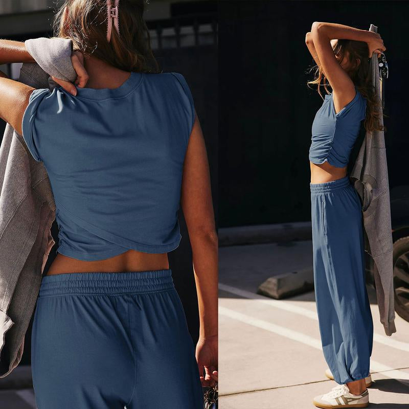 SCUSTY Women'S Two Pieces Sweatsuits Casual Cropped Tee Top Sweatpants Athletic Tracksuits