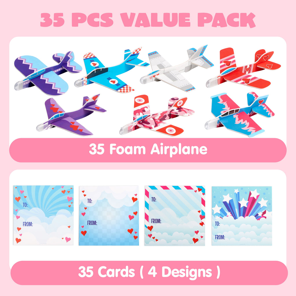 35 Packs Valentines Day Gifts Cards with Foam Airplane for Kids Valentine Exchange Cards Toddle Boys Valentines School Classroom Favors